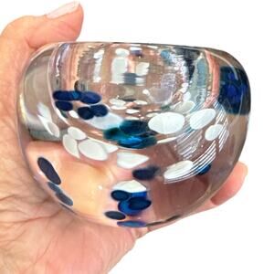 Hand Blown Glass Bowl Blue White Dots Signed Dated 3” Tall
